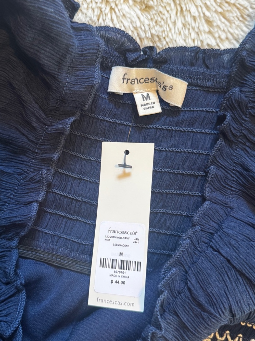 Navy Smocked Peplum Long Sleeve Top - Picture 5 of 5